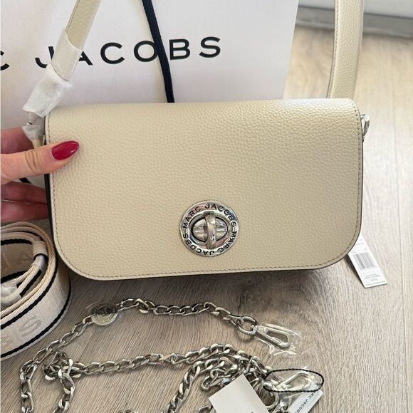 Marc Jacobs The Turn Lock, Logo, Leather Mini Crossbody Bag Marshmallow - Picture 2 of 7